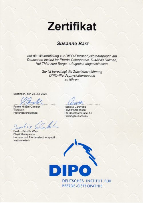 Zertifikat DIPO-Pferdephysiotherapeutin Susanne Barz